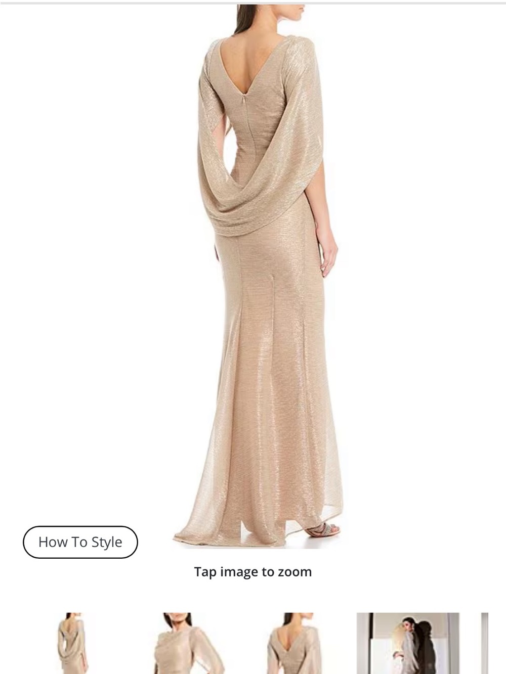 Betsy & Adam Metallic Gold Draped-Back Evening Gown